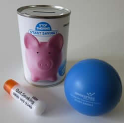 promotional money box stress ball lip balm